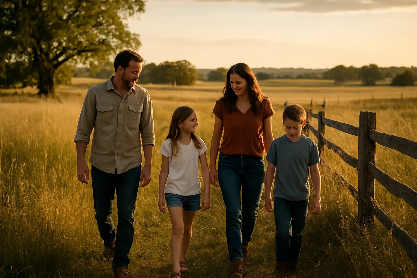 Family walking along inherited rural property