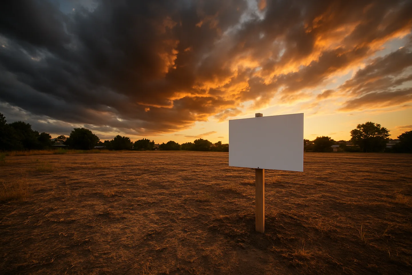 Vacant land parcel with real estate sign at golden hour