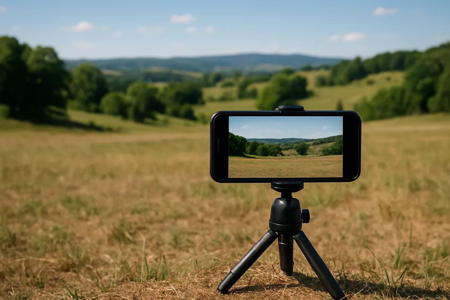 Smartphone on tripod photographing a vacant land parcel
