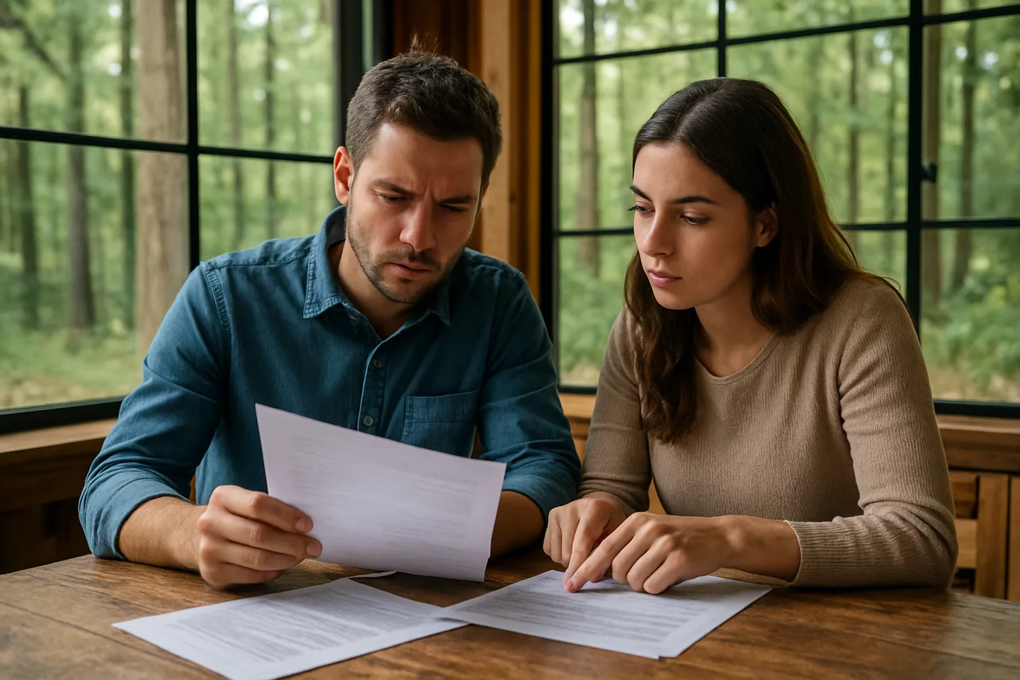 Two people reviewing land sale documents without a realtor