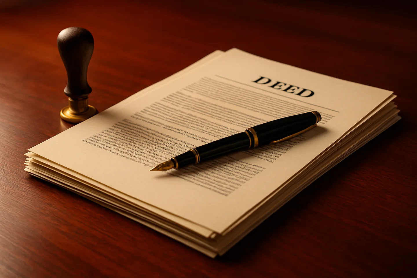 Legal land deed with notary stamp and fountain pen on desk