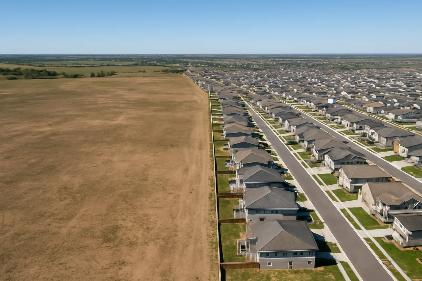 Aerial view of undeveloped land next to new construction