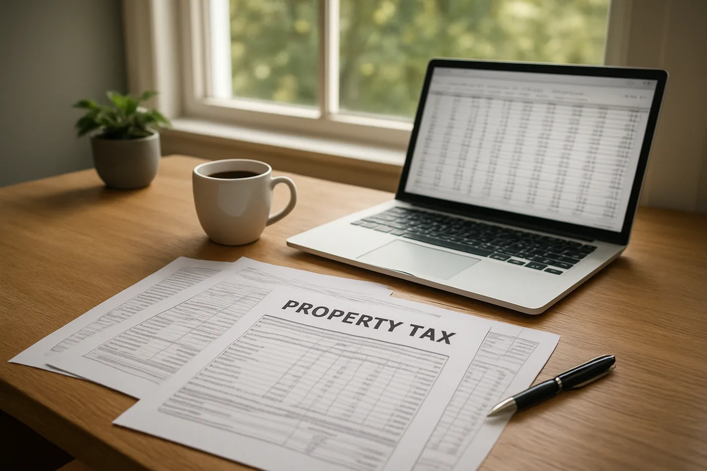Property tax documents and laptop on a desk