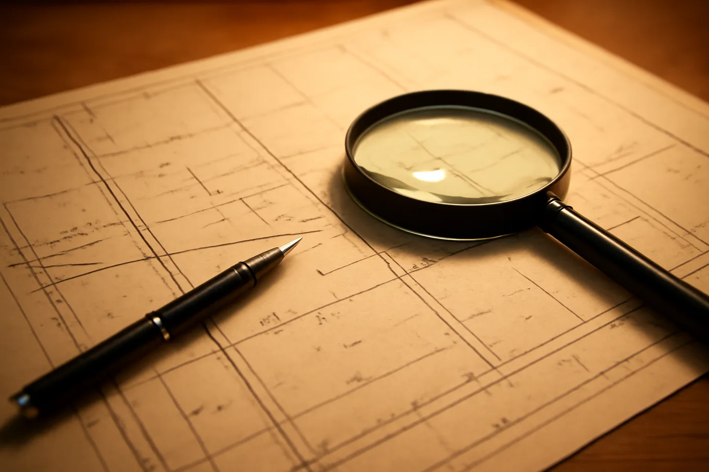 Property survey map and magnifying glass on a table