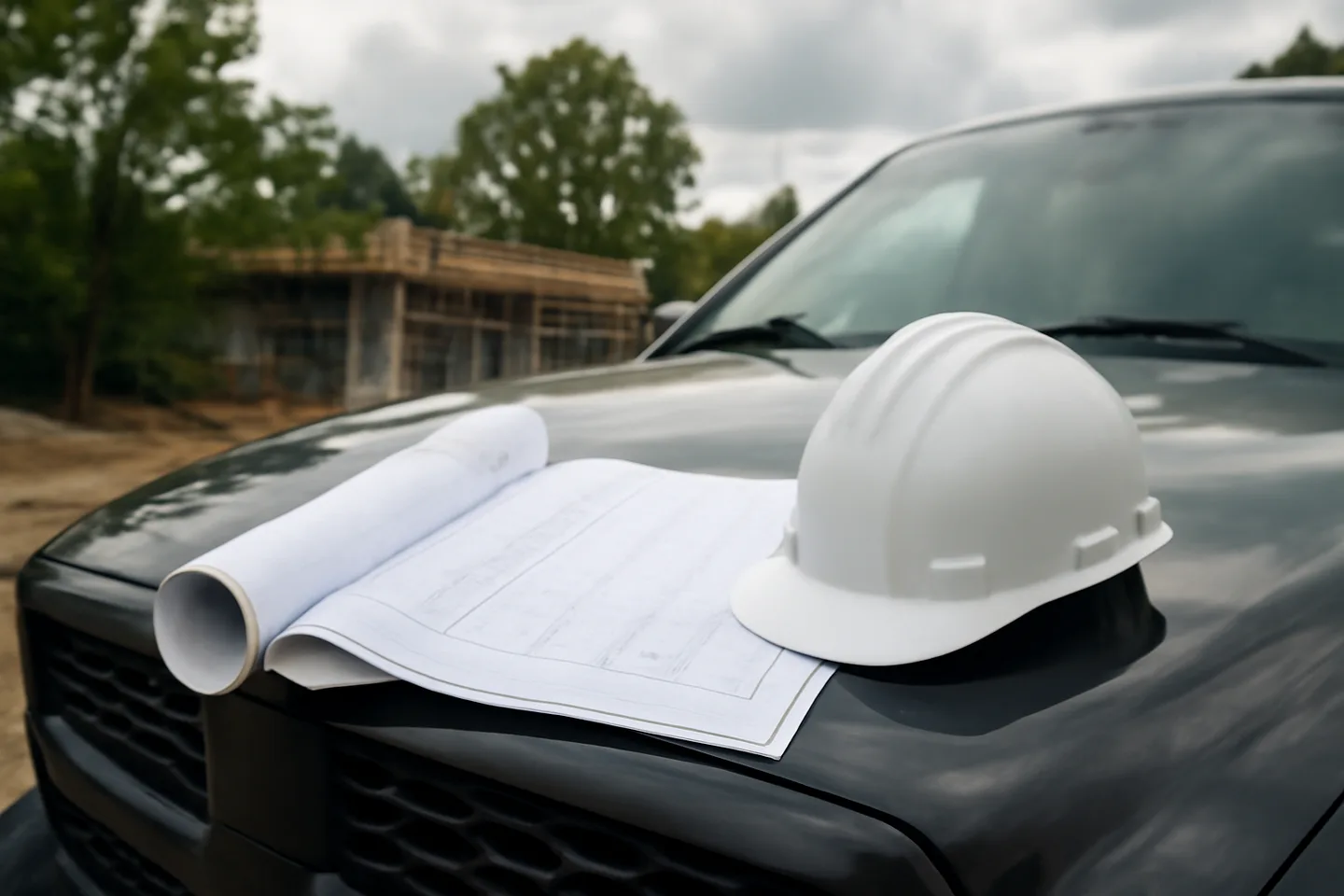 Blueprints and hard hat on a truck hood at a construction site