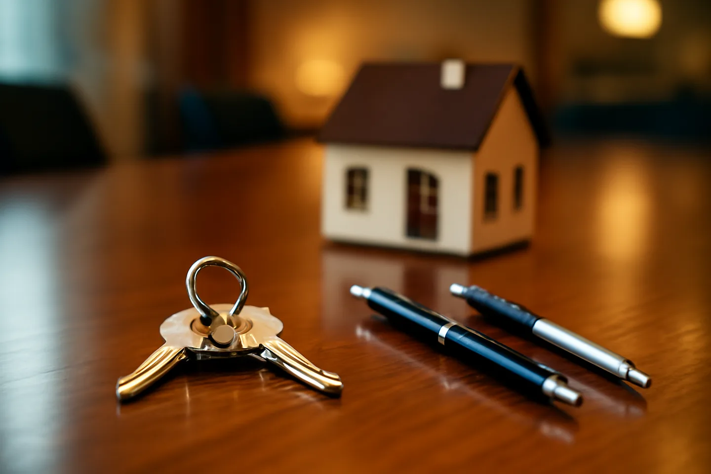 Property closing table with signed documents and keys from above