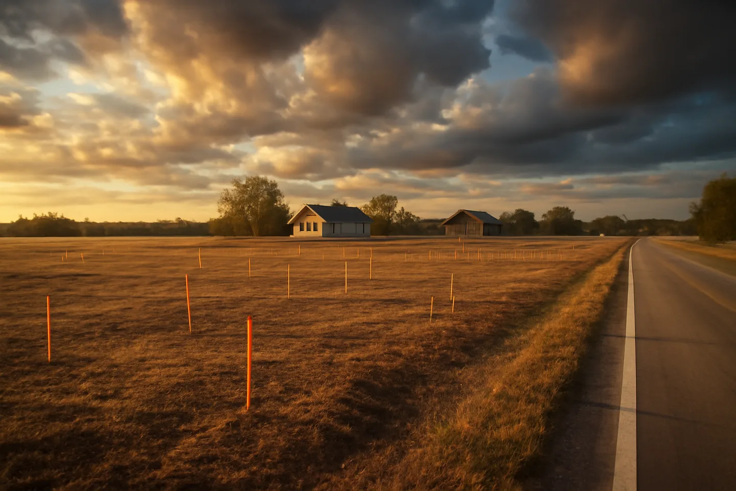 Rural property with survey stakes along a county road