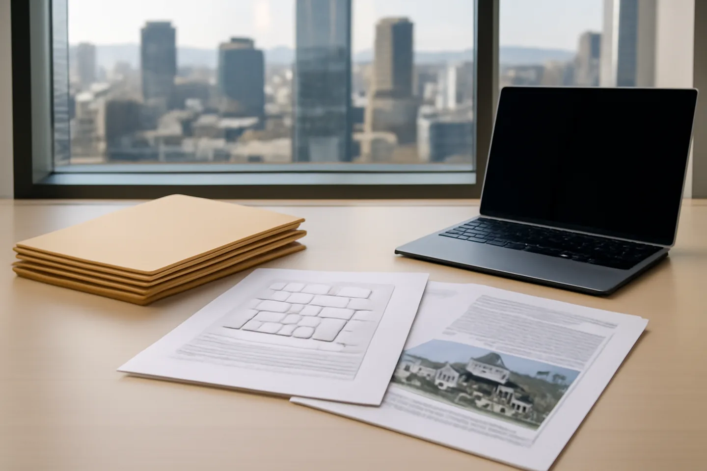 Professional office with property documents and city view