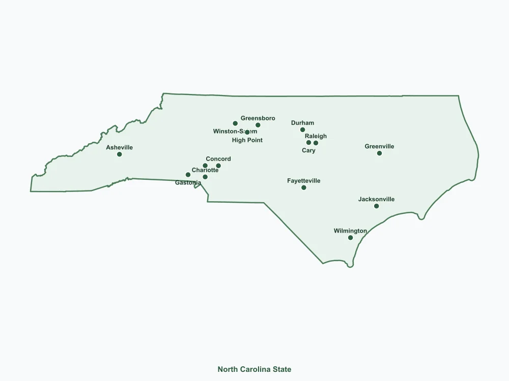Map of North Carolina State showing major cities